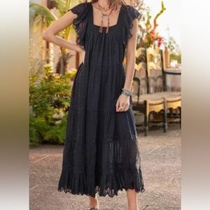 Sundance Greer Black Embroidered Swiss Dot Maxi Dress Size XS
